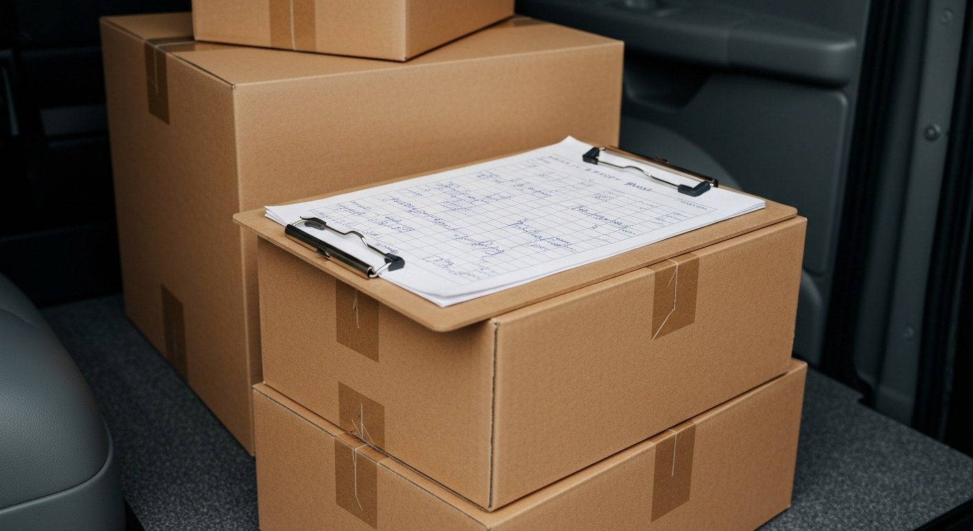 Organized Delivery Blocks and Route Manifest Close-up of organized cardboard delivery boxes and a clipboard inside the trunk of a delivery vehicle.