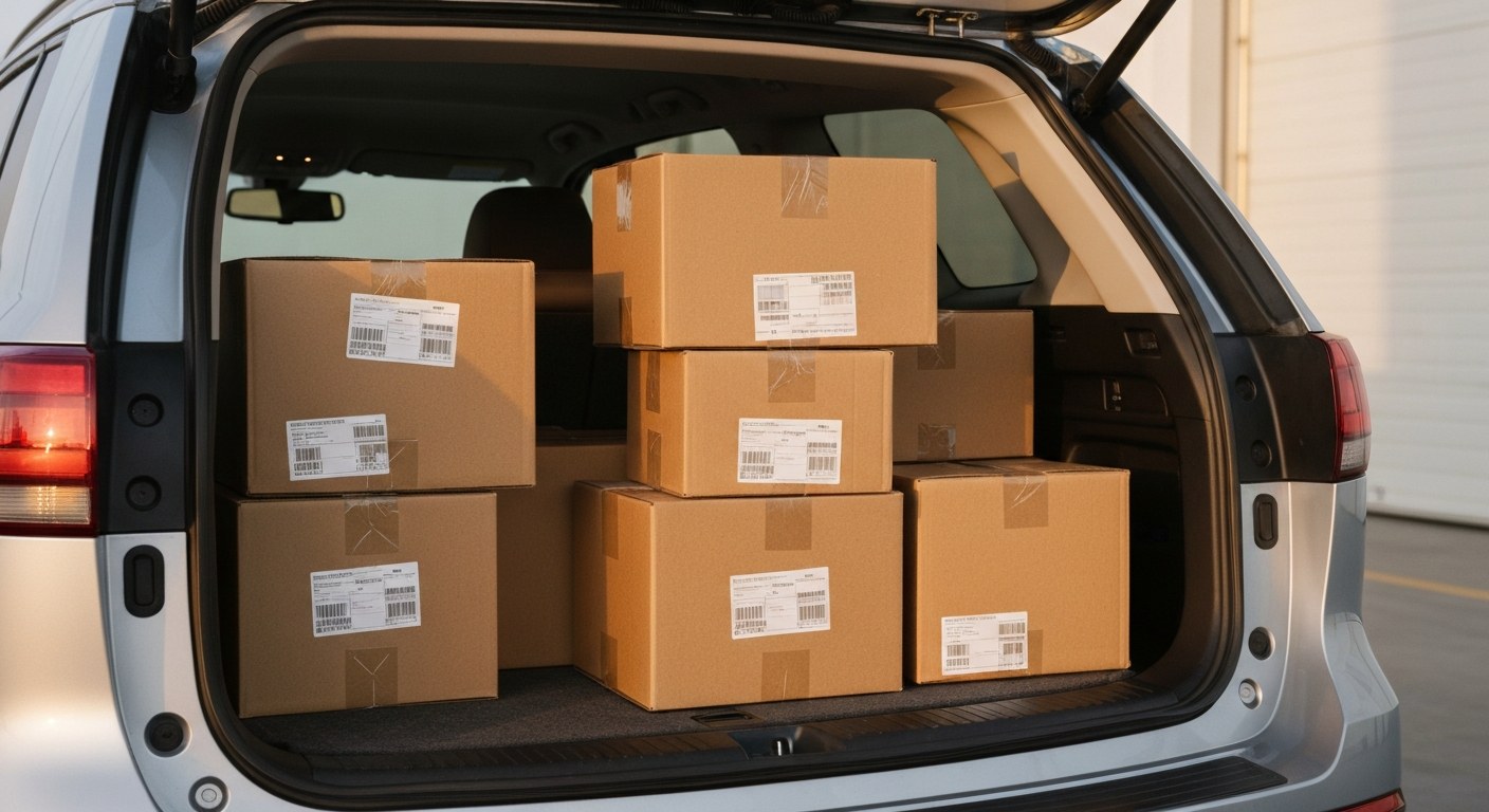 The open trunk of a car organized with various brown cardboard delivery packages during golden hour.