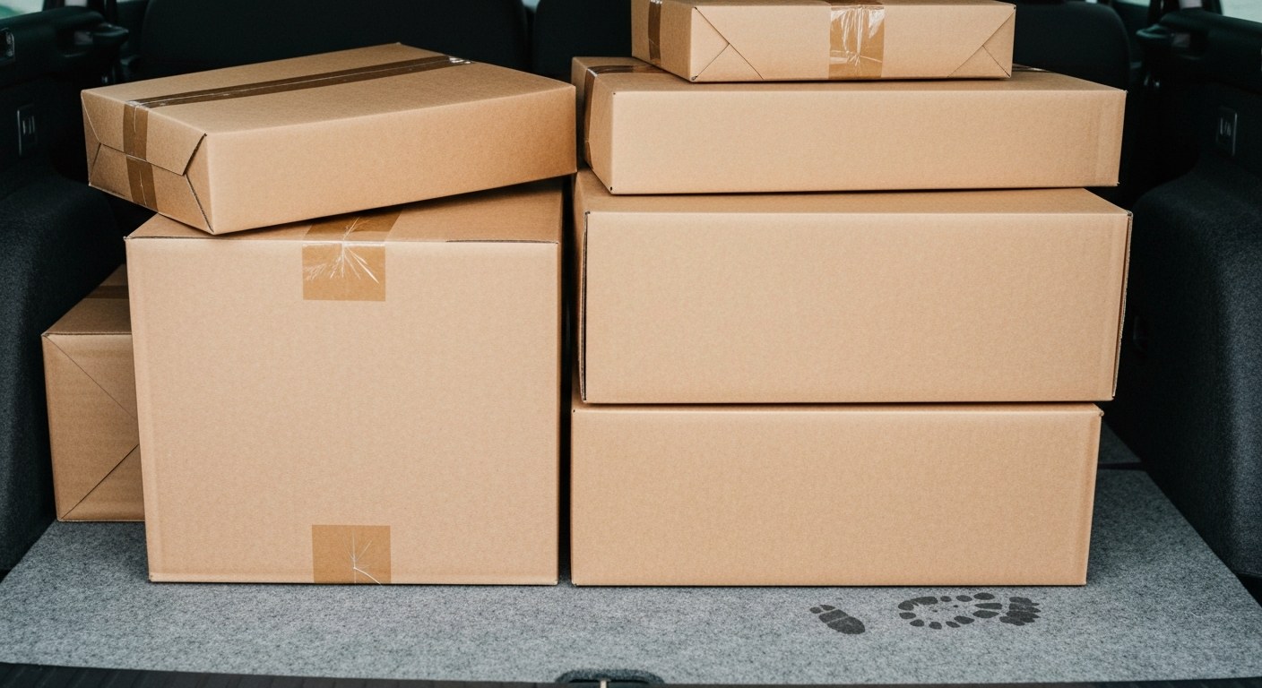 Organized Delivery Packages in Vehicle Multiple plain cardboard packages and envelopes neatly organized in the back of a delivery vehicle's cargo space.