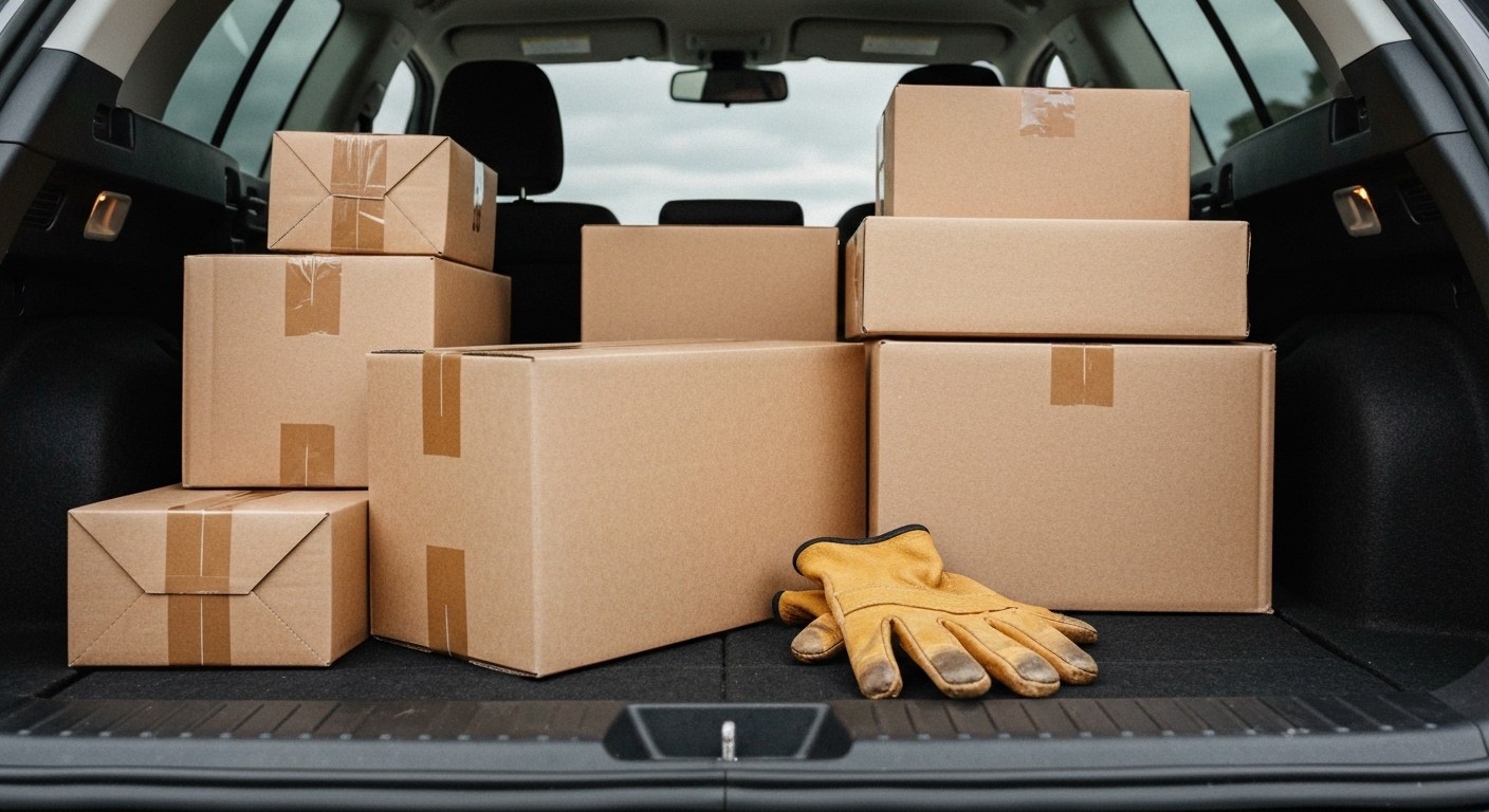 Organized Delivery Packages in Vehicle Trunk A car trunk filled with neatly stacked brown cardboard delivery boxes and a pair of leather work gloves.
