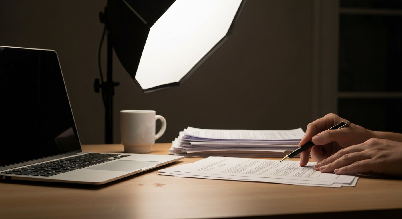 Organizing Financial Records A laptop and organized papers on a wooden desk.