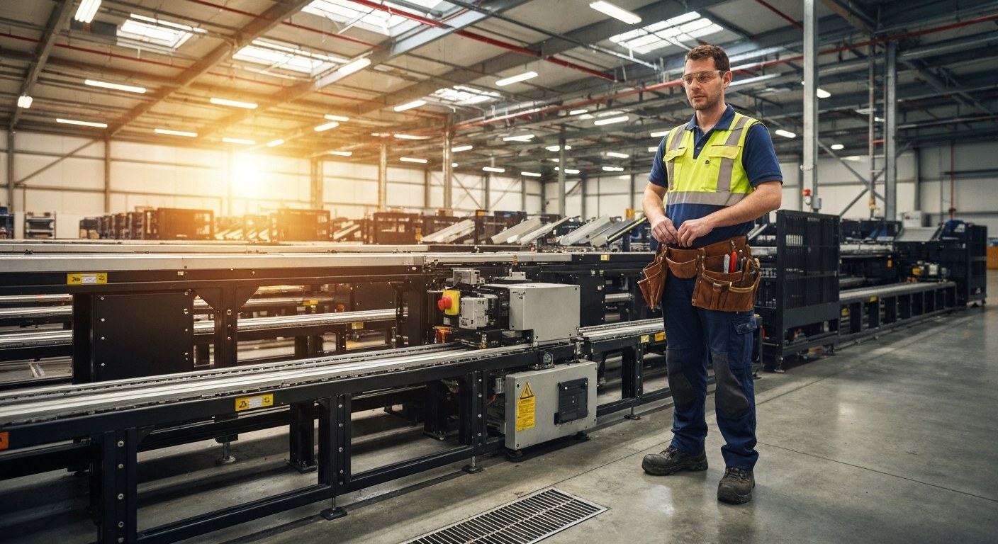 Third-Party Maintenance in Robotic Warehouses A maintenance contractor stands next to a mobile robotic unit in a brightly lit, modern logistics facility.