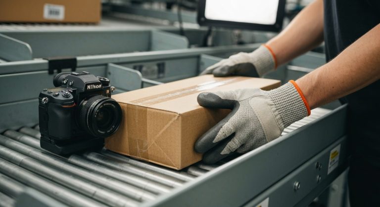 Close-up of a worker's gloved hands handling a cardboard package on a conveyor belt in a warehouse.