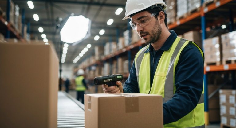 Warehouse worker scanning a package on a conveyor belt in a busy facility.