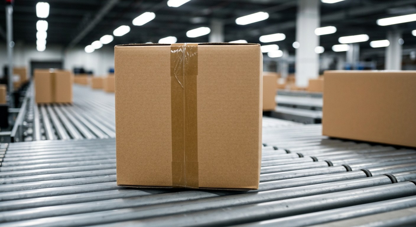 Understanding Warehouse Package Holds A single cardboard package resting on an industrial warehouse conveyor belt, surrounded by blurred movement.