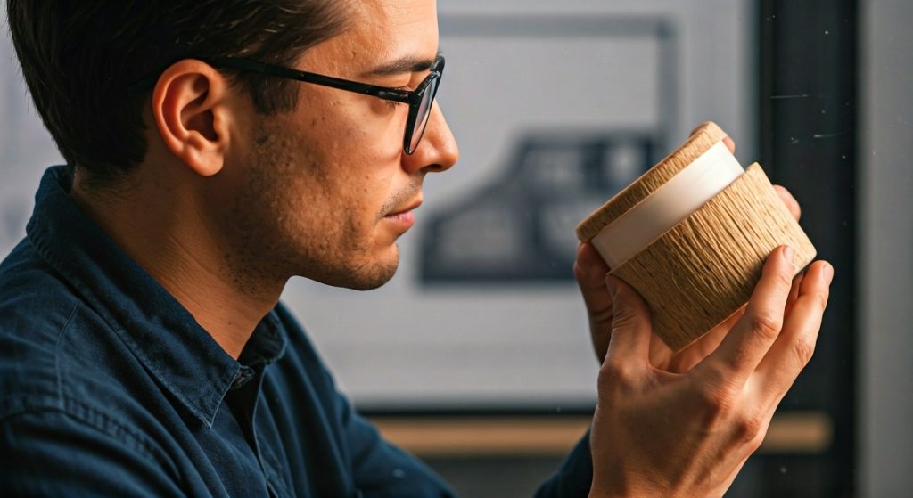A professional packaging engineer in a design lab carefully inspecting a sustainable bamboo fiber prototype container.