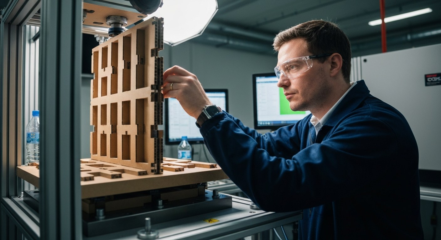 Packaging Engineer Testing Structural Durability An engineer using a mechanical testing rig to validate the durability of a new cardboard packaging design.