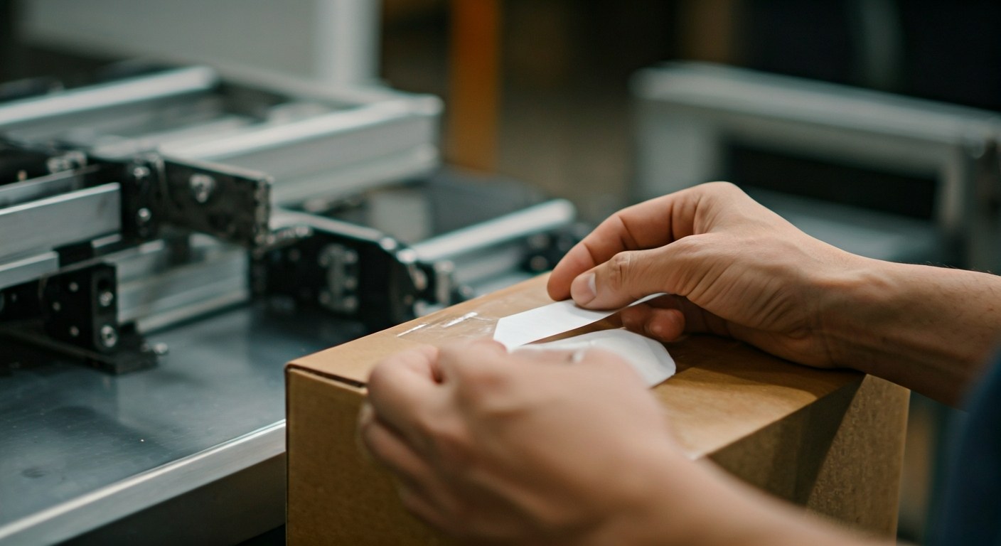 Automated Packing Station Close-up of worker hands applying a shipping label to a brown parcel at a packing station.