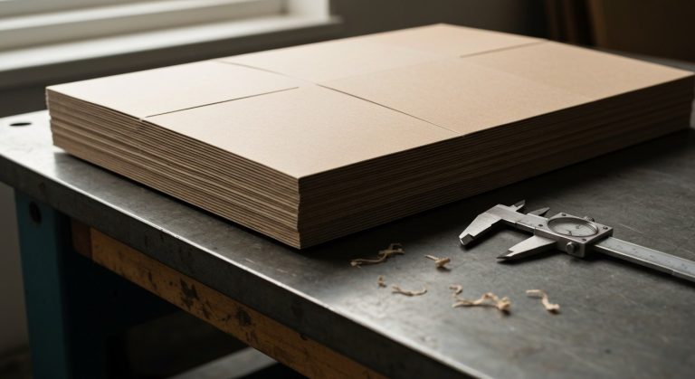 Close-up of matte paperboard folding cartons on a wooden workbench with industrial calipers in a bright studio.