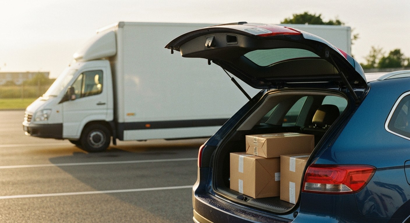 Flex vs DSP Delivery Vehicles A personal SUV with an open trunk parked in front of a commercial delivery van at sunset.
