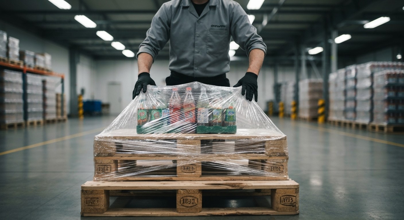 The Physicality of Order Picking Order selector wrapping a loaded pallet for transport in a warehouse.