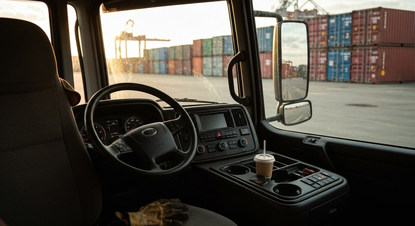 Drayage and Port Logistics Challenges View from inside a truck cabin looking out at shipping containers during a golden hour sunset.