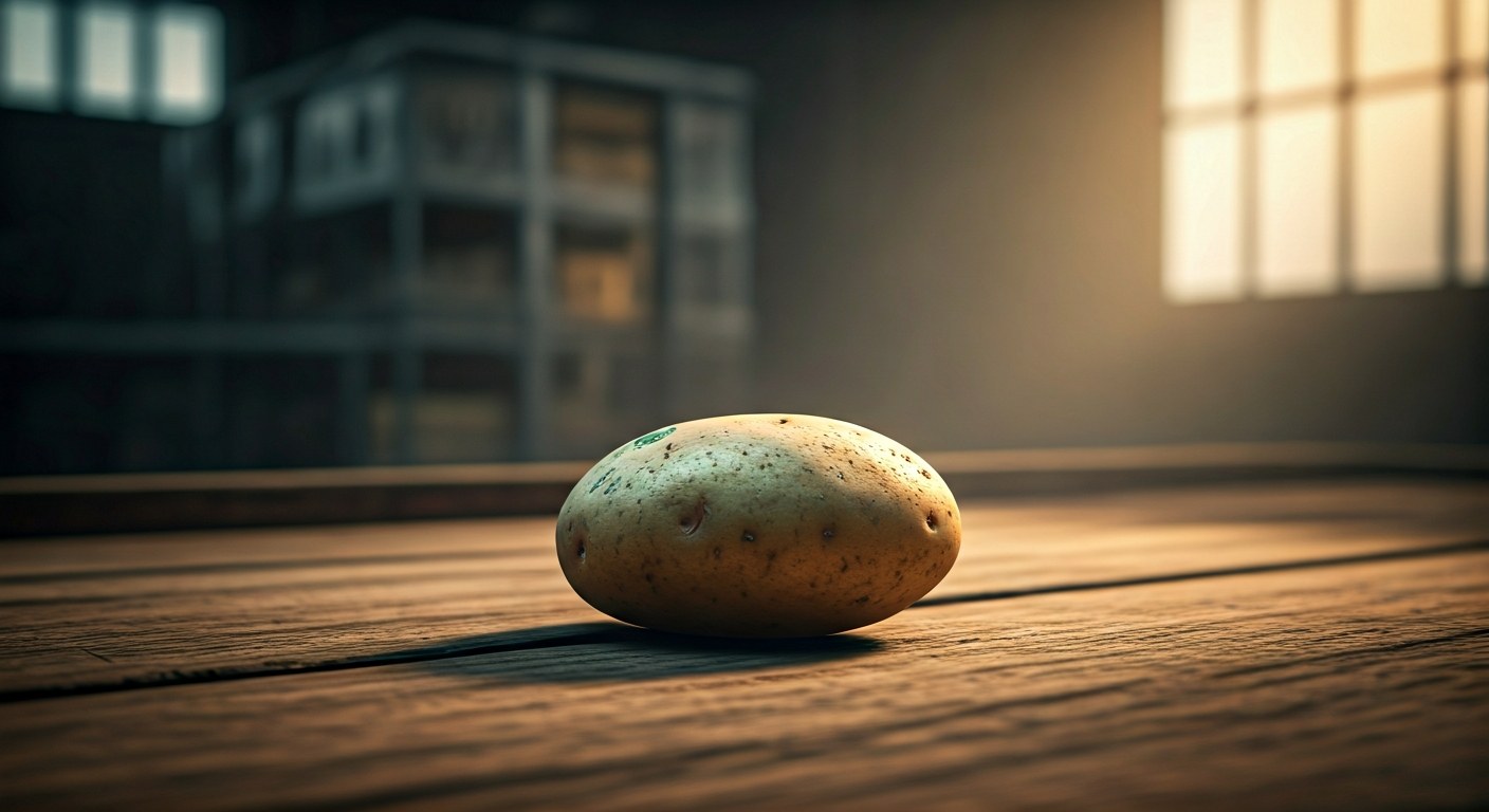 Mailed Potato Ready for Transit An addressed potato with stamps lies on a weathered wooden table in a warehouse during sunset.