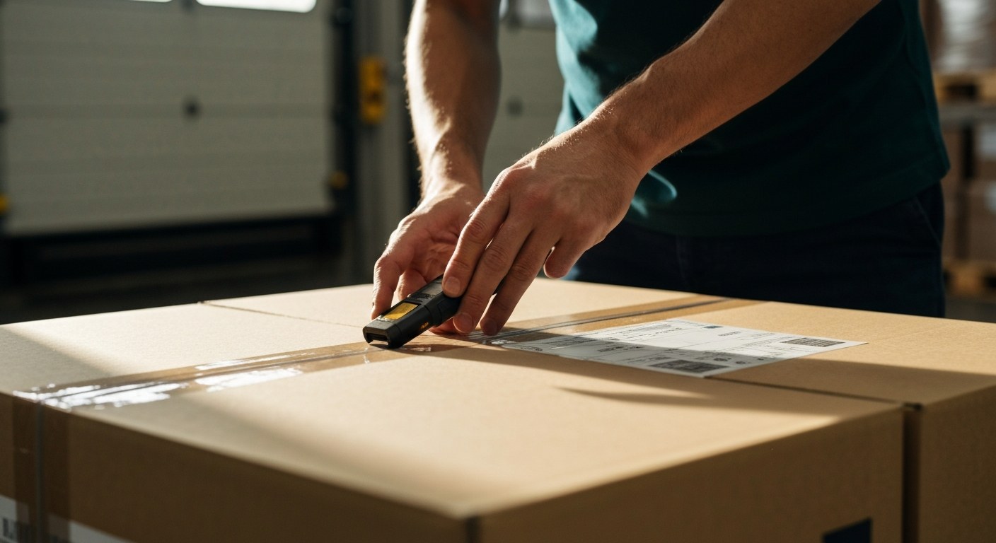 Precision Inbound Processing Close up of warehouse worker scanning a barcode on a package on a pallet during inbound processing.