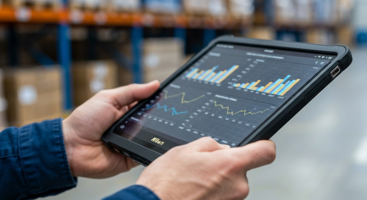 Close-up of a worker holding a tablet showing data visualizations in a blurred warehouse setting.