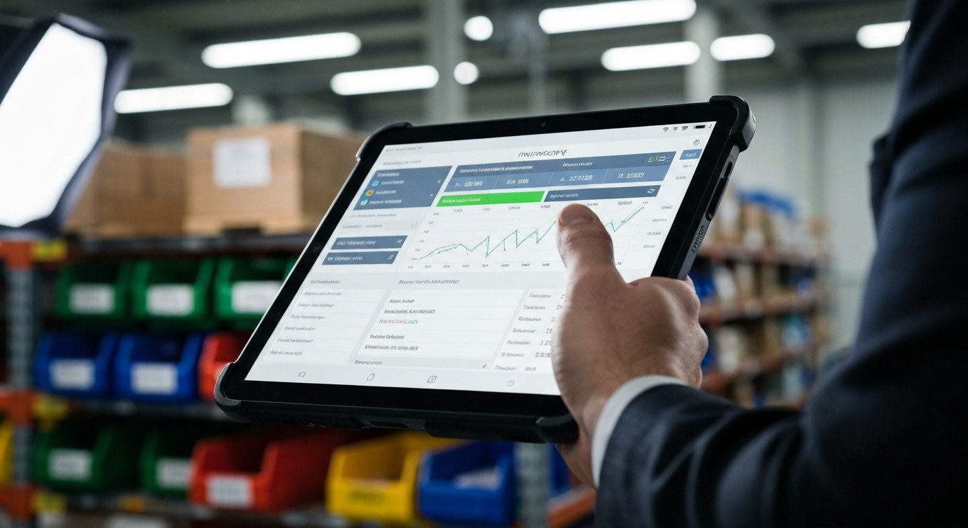 Close-up of a person holding a tablet displaying a modern inventory management dashboard in a warehouse setting.