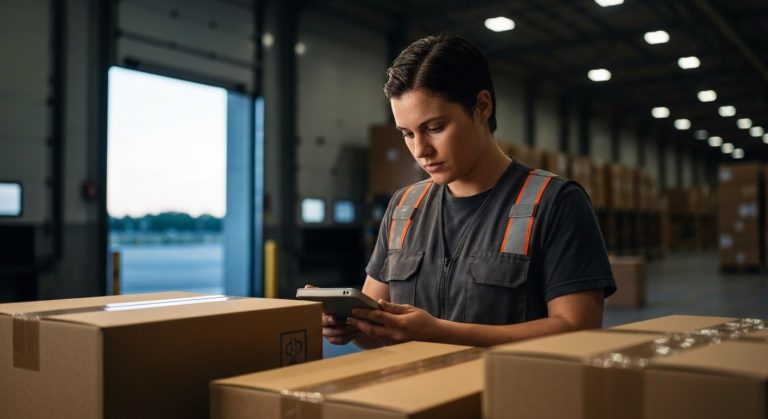 A logistics worker in a dark vest scans a stack of brown boxes in a warehouse during the early morning shift.
