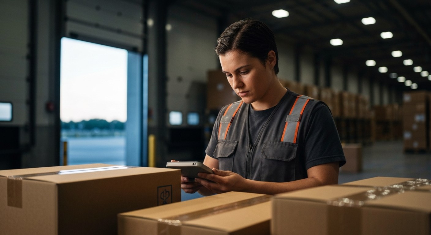 Early Morning Preload Shift Logistics A logistics worker in a dark vest scans a stack of brown boxes in a warehouse during the early morning shift.
