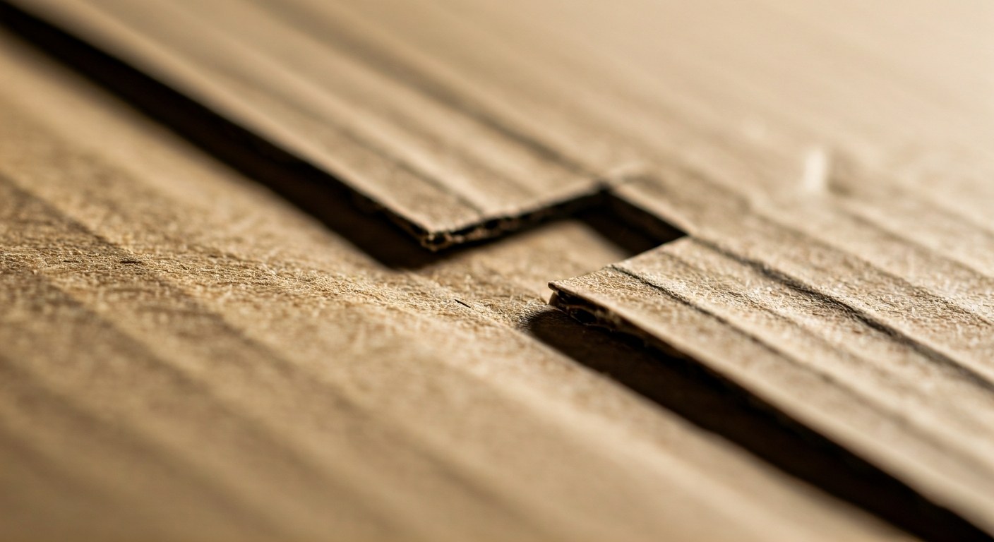 Premium Packaging Structural Engineering A macro view of interlocking cardboard tabs on a premium shipping container showing paper texture.