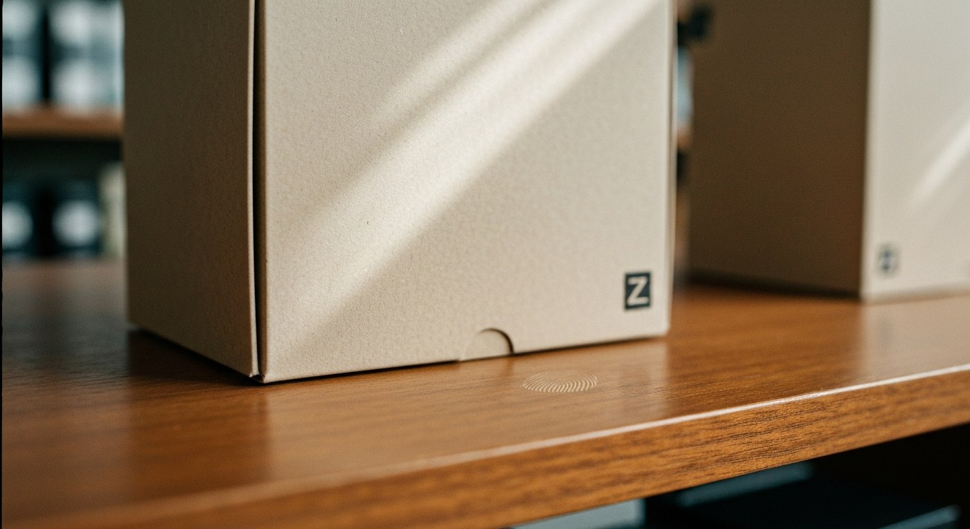 Strategic Retail Packaging Design 2026 A premium minimalist product box made of matte cardstock sits on a polished wooden retail shelf in soft window light.