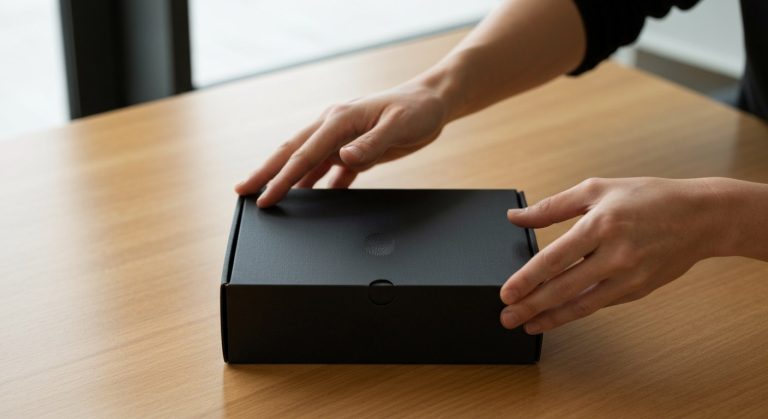Close-up of hands opening a high-quality matte black package on a wooden desk with soft natural window lighting.