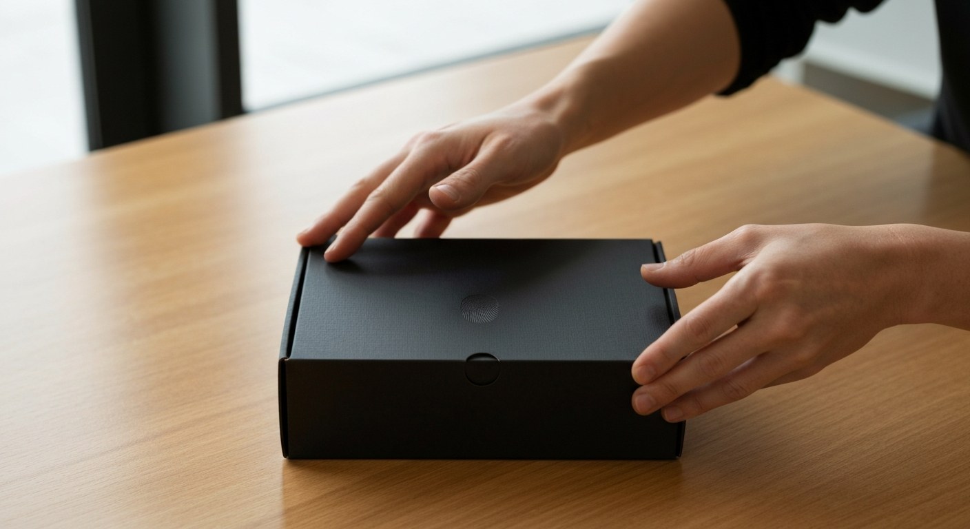 Premium Unboxing Experience and Packaging Influence Close-up of hands opening a high-quality matte black package on a wooden desk with soft natural window lighting.
