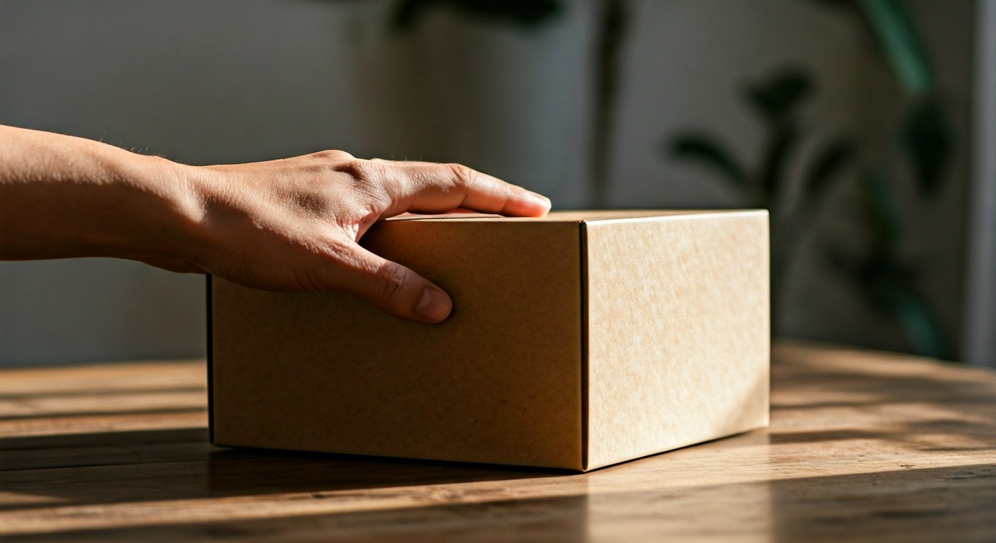 A person's hand opening a minimalist recycled cardboard box on a wooden table with soft natural window lighting.