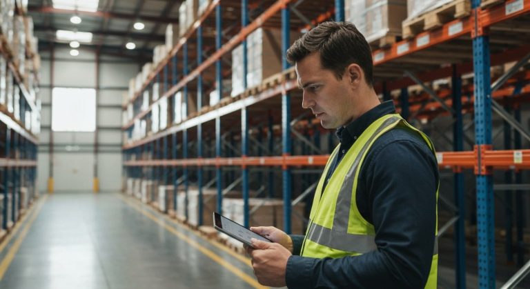 A logistics manager in a vest stands in a sunlit private warehouse holding a digital tablet with organized shelving.