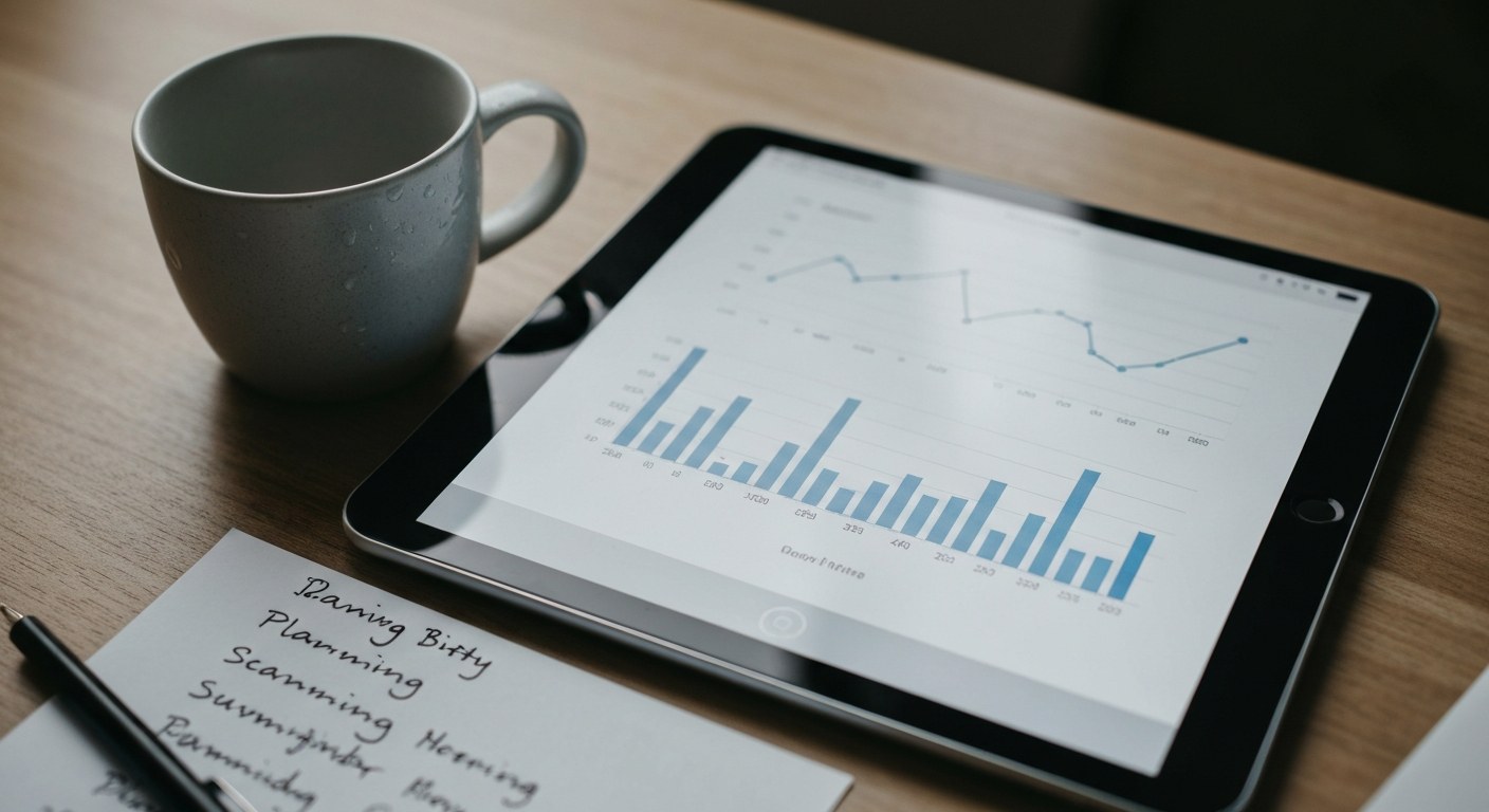 Tablet displaying inventory data on a desk with a coffee mug and notes.