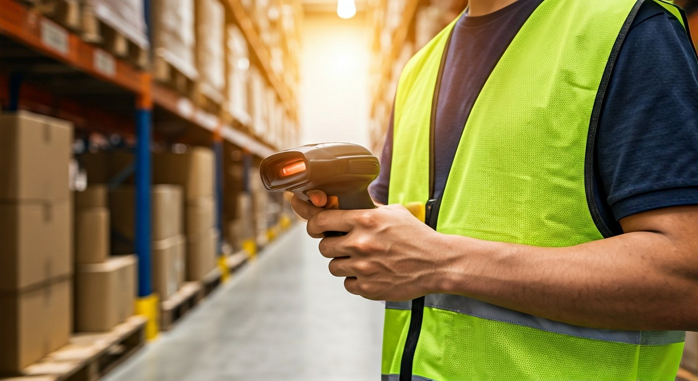 A warehouse worker using a scanner to check items in a neatly organized, sunlit storage aisle.