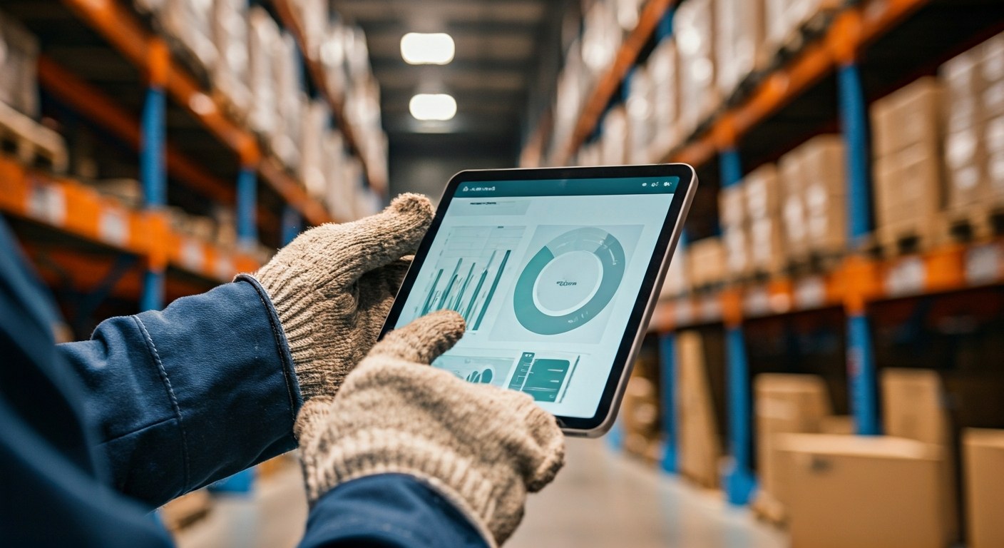 Essential Logistics Skills Hands wearing work gloves holding a tablet showing abstract facility data.