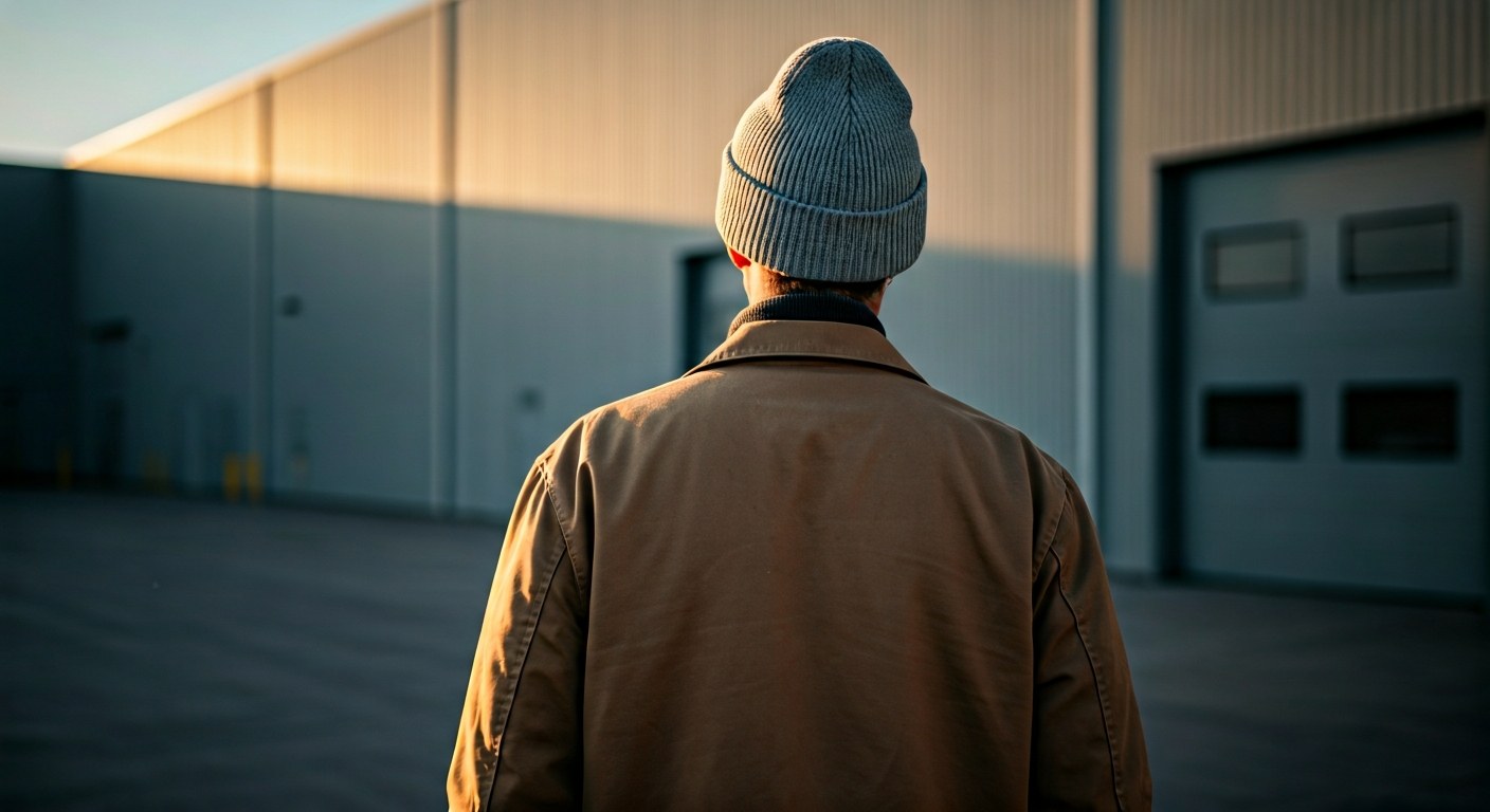 Professional Transition An individual walking away from a large warehouse building during golden hour.