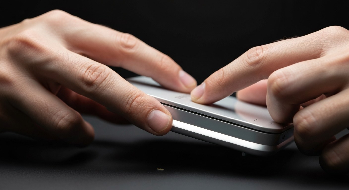 Close-up of human hands inspecting a modern, unbranded electronic device for quality assurance.