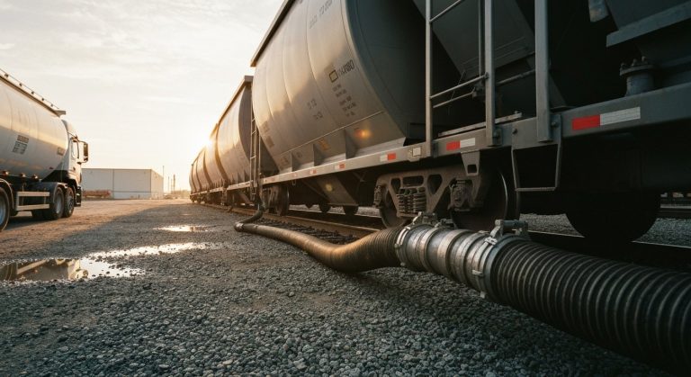 An industrial rail-to-truck trans-loading operation during golden hour with a gray railcar and a white trailer.