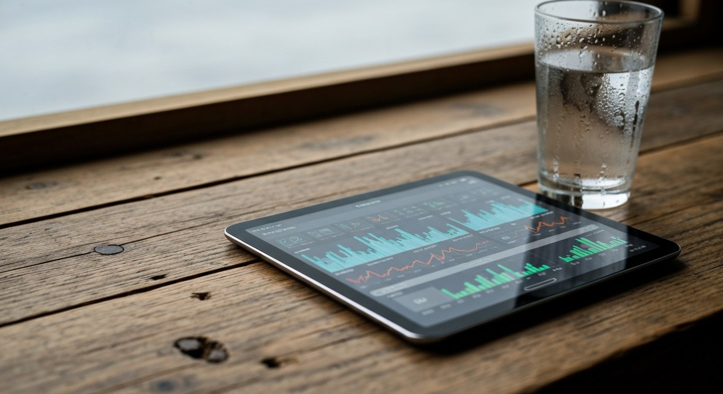 Real-Time Data Insights A tablet on a wooden desk showing complex data visualization graphics with a glass of water nearby.