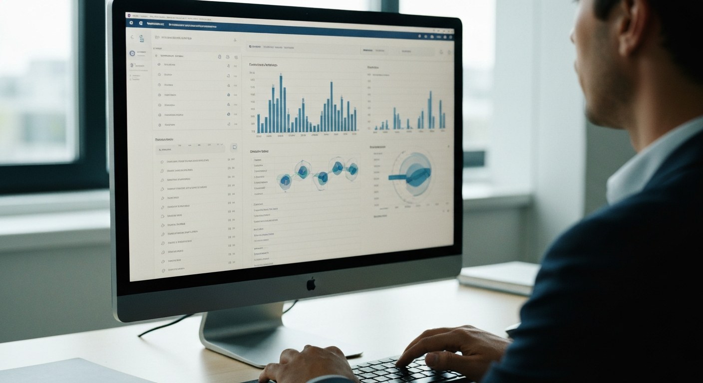 A professional working on an interactive business intelligence dashboard in a brightly lit office.