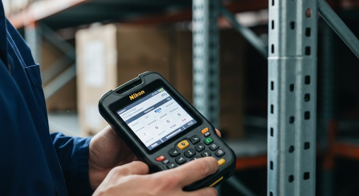 Close-up of a worker using a hand-held scanner to track inventory in a warehouse aisle.