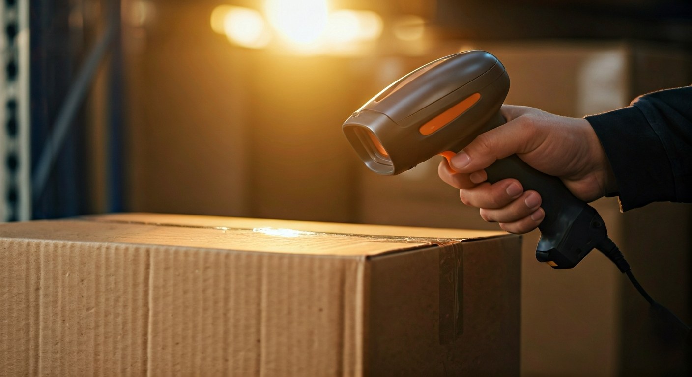 Hands using a barcode scanner on a cardboard box during golden hour in a loading bay.