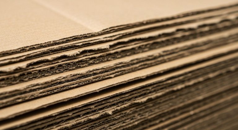 Extreme close-up of recycled cardboard fibers showing the rough texture and layers of post-consumer waste material.