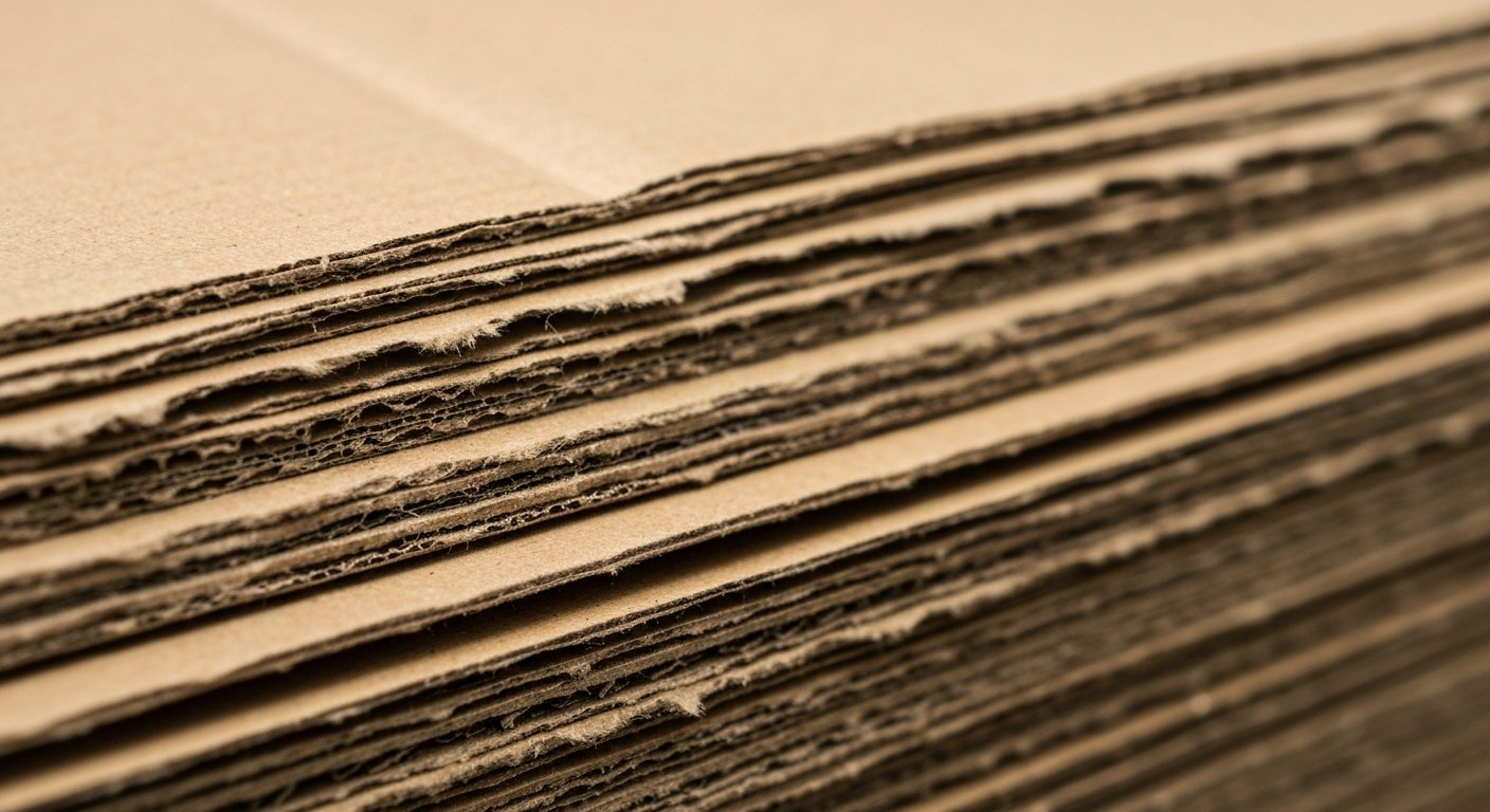 High-PCW Sustainable Material Texture Extreme close-up of recycled cardboard fibers showing the rough texture and layers of post-consumer waste material.