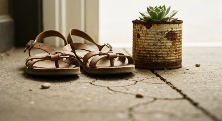 Close-up of worn leather sandals and a small plant in a rusted tin can on a cracked earth doorstep.