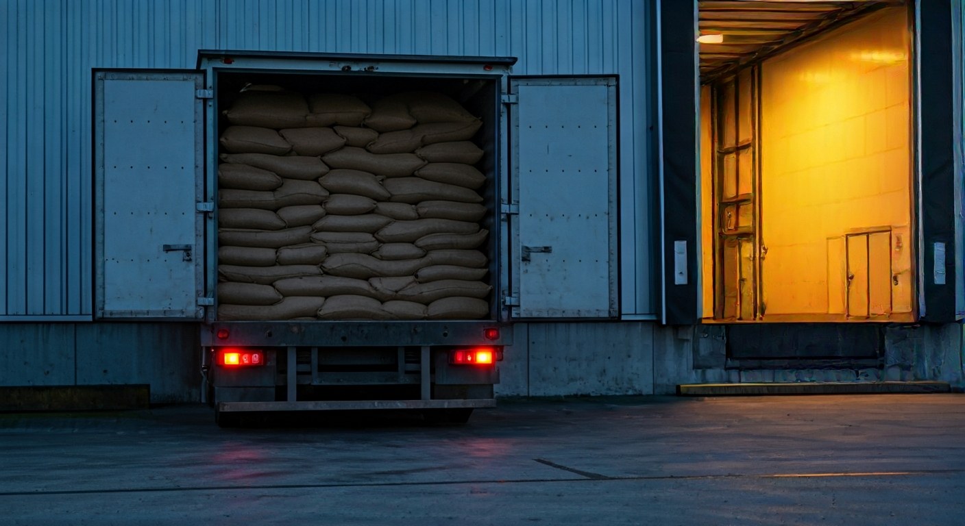 Warehouse Logistics and Distribution Hub Loading dock at dawn with a truck being prepared for commodity distribution at a regional hub.