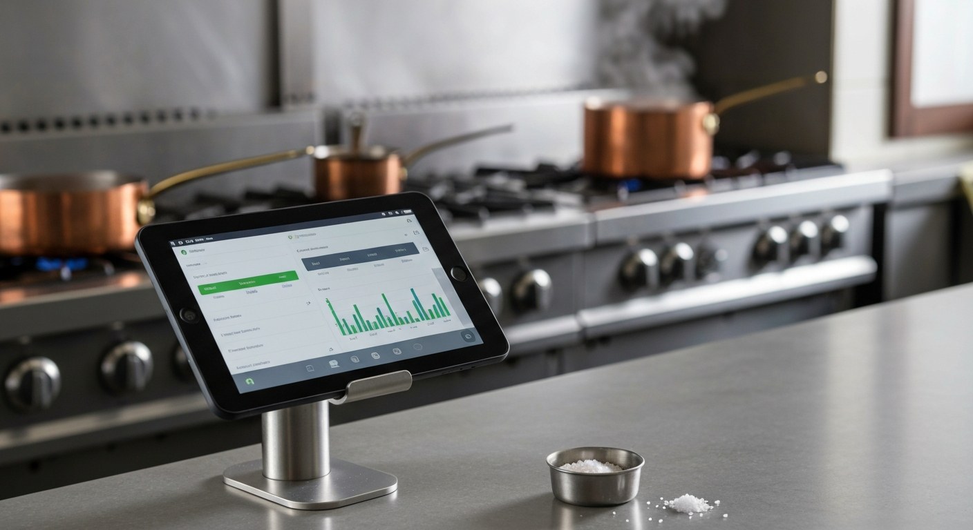 Kitchen POS System Integration Close-up of a restaurant POS tablet on a kitchen counter with steam rising in the blurred background.