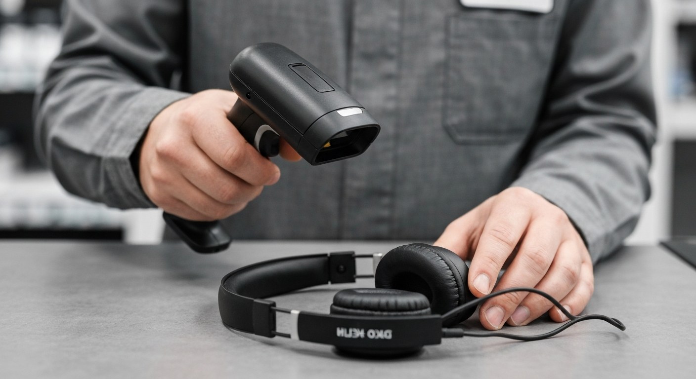 Boxless Return Processing at Counter Close-up of hands using a barcode scanner on a pair of headphones at a retail return counter.