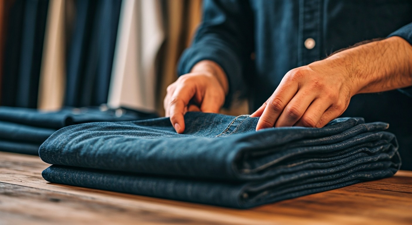 Close-up of a person's hands touching blue denim jeans on a wooden display table in a retail store with soft lighting.