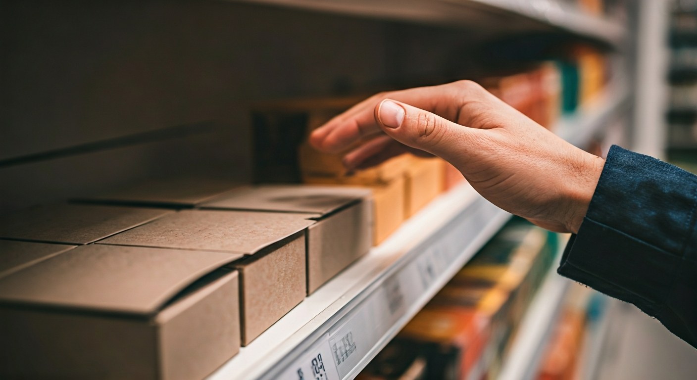 Packaging and Consumer Behavior Close-up of a hand touching a product box on a modern retail store shelf.