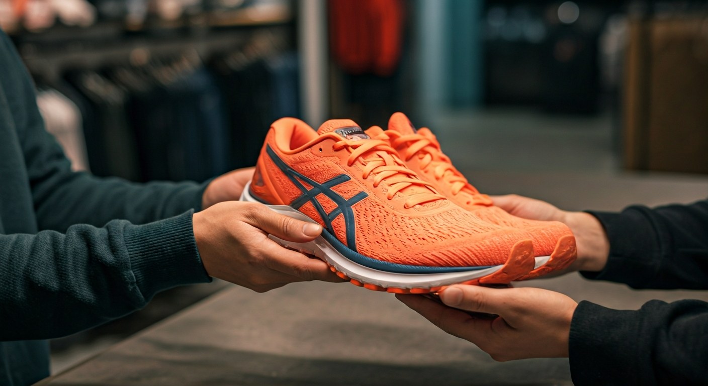 Dropping Off Unpackaged Returns A customer hands over a pair of unboxed running shoes to a store clerk at a clean service counter.