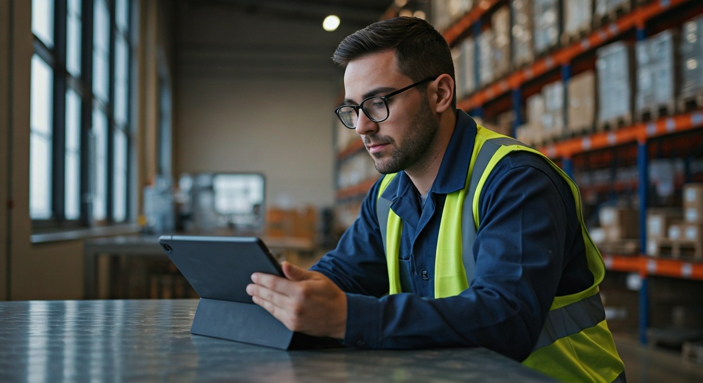 Analyzing Compensation Data Warehouse employee reviewing compensation data on a tablet in a break room.
