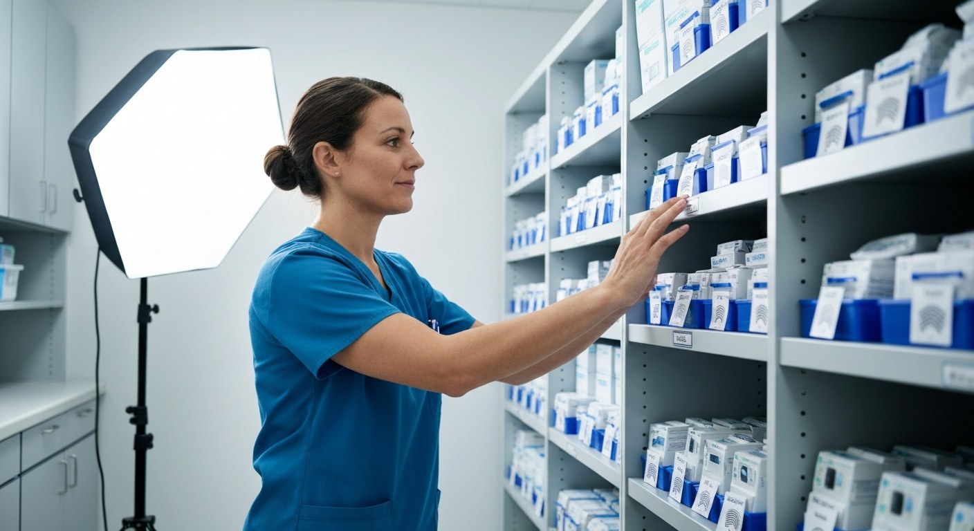 Nurse in a hospital supply room checking medical items with RFID tags.