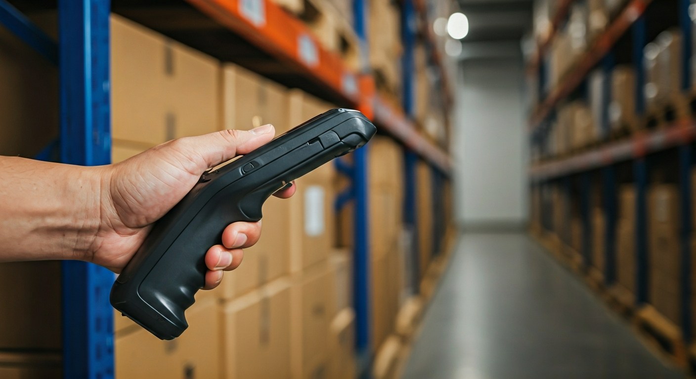 Warehouse worker using an RFID reader to scan goods on a pallet.